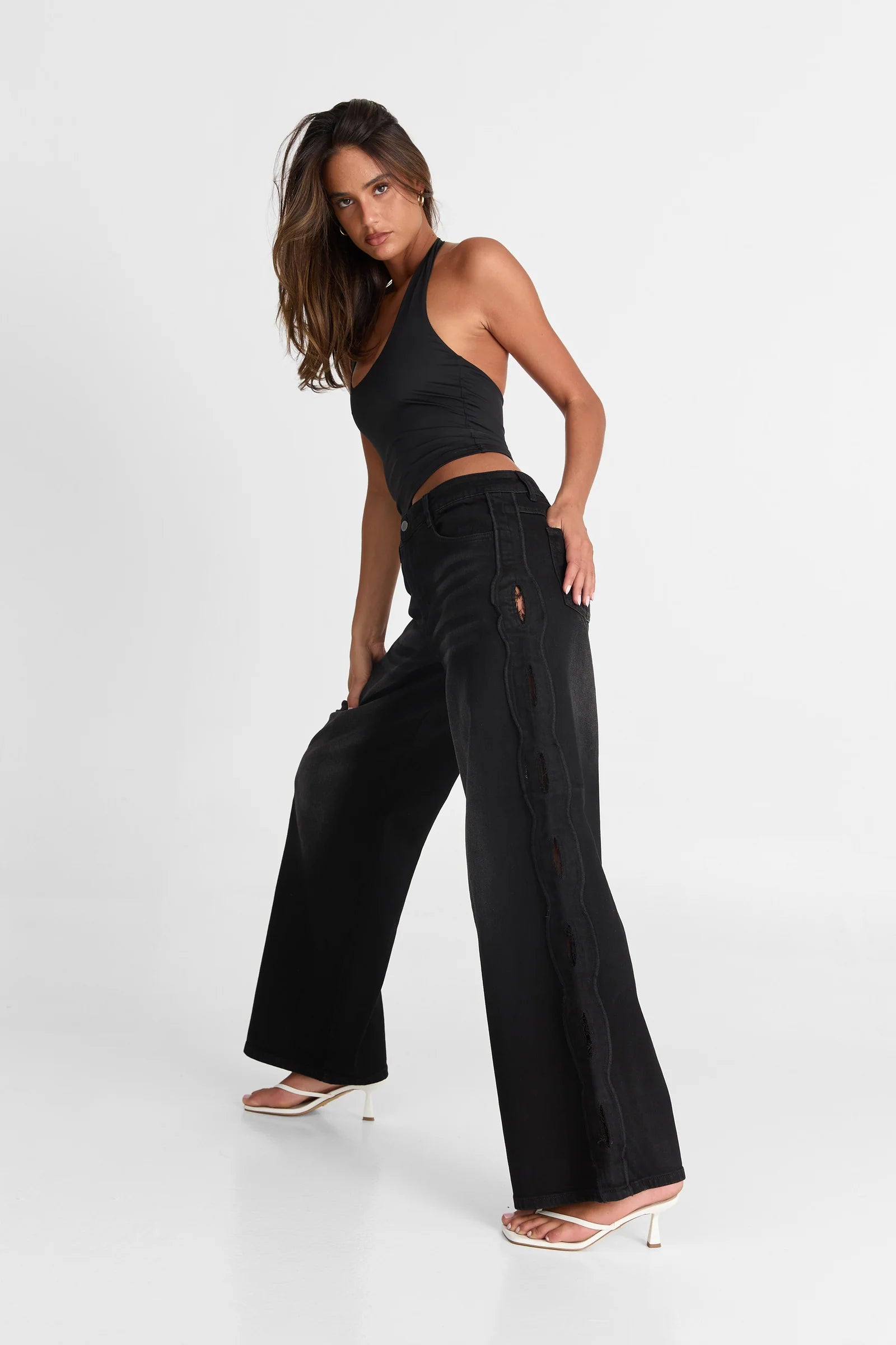 Black Eyelet Wide Leg Jeans